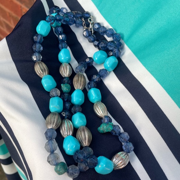 KARIN STEVENS Turquoise Navy Dress, with a coordinating double strand necklace - Picture 2 of 5